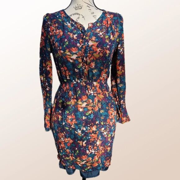 Forever 21‎ -1018 long sleeve floral dress eggplant teal orange Small - Picture 1 of 5